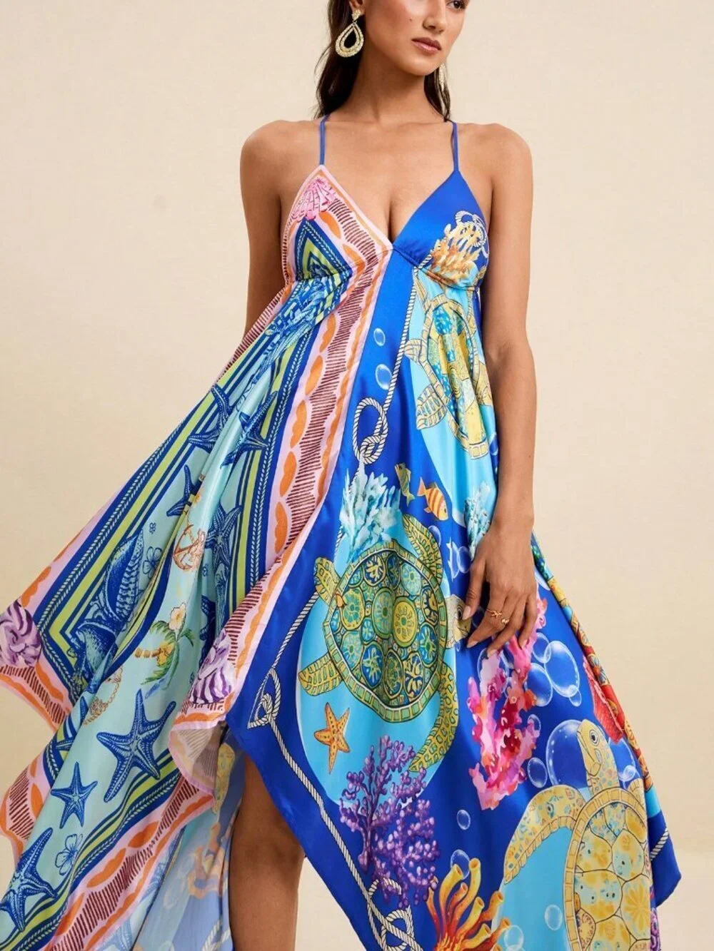 Multicolor Boho Women's V-Neck Spaghetti Strap Ocean Print Maxi Beach Dress_5